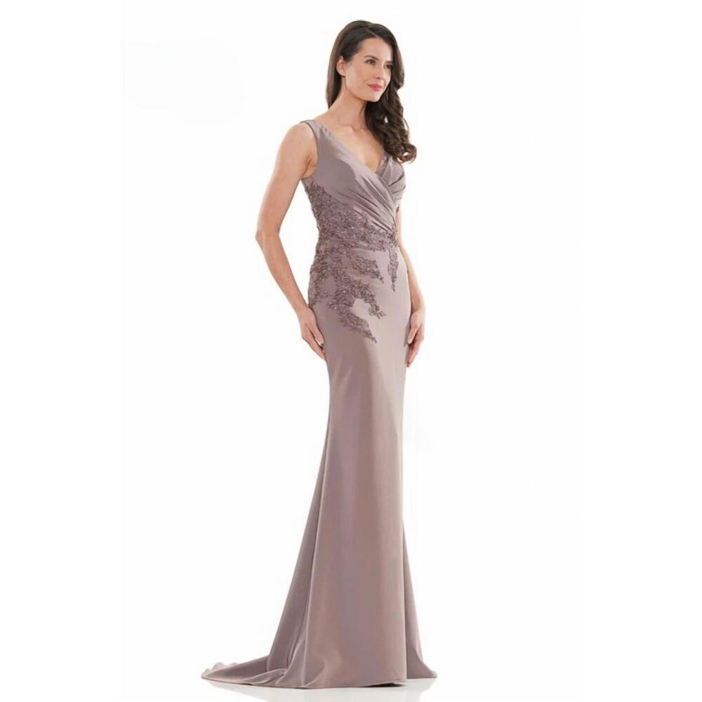 NEW COLORS DRESS wrapped v-neck applique gown in mink